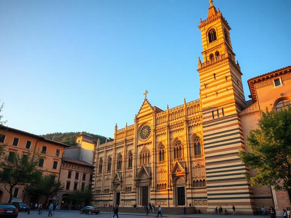 The striped gothic facade of Orvieto cathedral in golden light