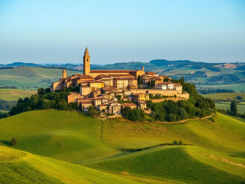 The hilltop town of Todi in Umbria above green countryside