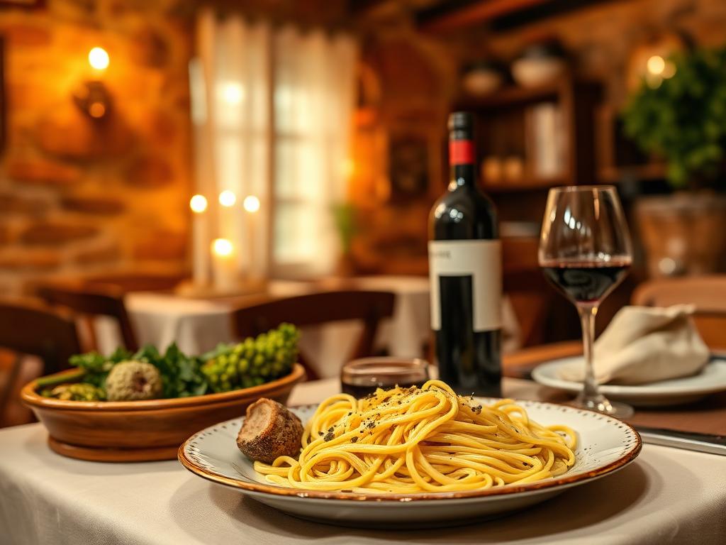 Table laid with handmade umbrichelli pasta and local red wine in a rustic Umbrian trattoria