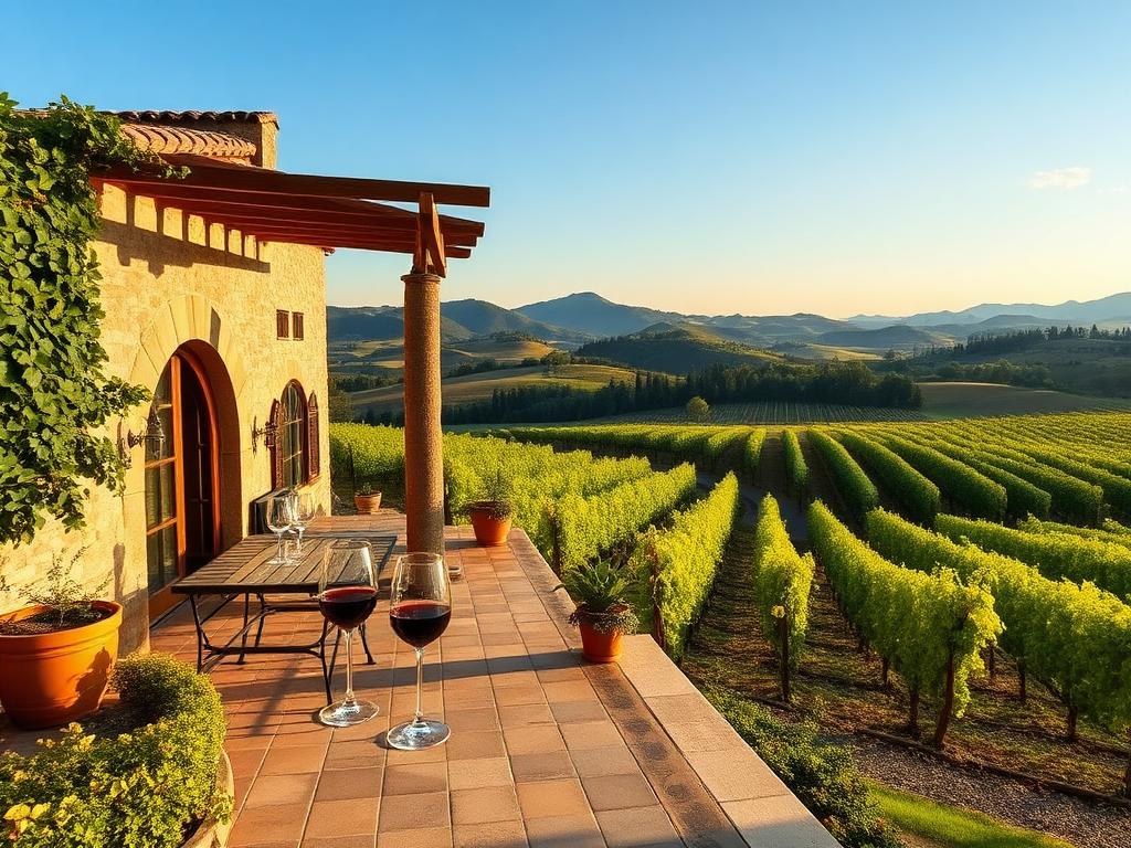 Terrace of an Umbrian winery overlooking rows of vines at golden hour